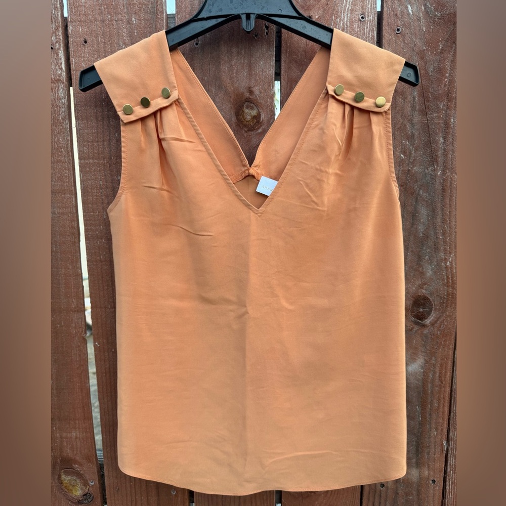 Amanda Uprichard 100% Silk Orange Ruched Blouse Gold Detailing Women’s Small